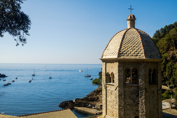 Tower of the abbey of San Fruttuoso, with the Ligurian sea, Liguria, Italy.