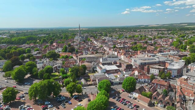 Chichester, UK: Aerial view of city in England, Cathedral Church of the Holy Trinity on horizon, summer day with clear blue sky - landscape panorama of United Kingdom from above