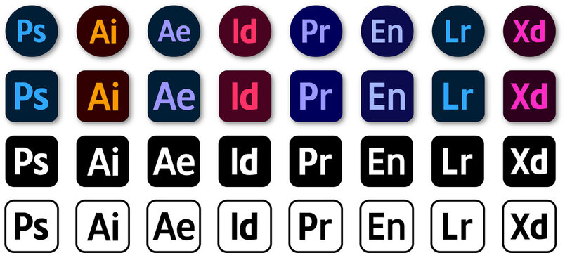 Adobe Products Icon Set: Illustrator, Photoshop, InDesign, Premiere Pro, After Effects, Acrobat DC, Lightroom, Dreamweaver ... Icons for your website design.  PNG image