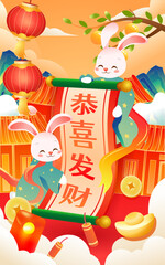 2023 Chinese New Year in the Year of the Rabbit, with buildings and various Chinese New Year elements in the background, vector illustration. Chinese translation: Happy Rabbit Year