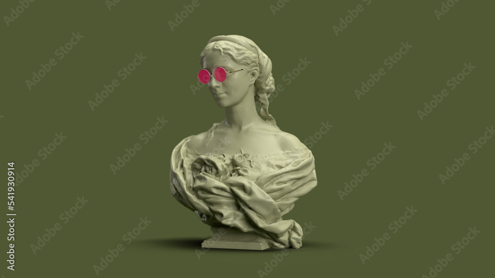 Wall mural 3d render bust of a woman in pastel green colors and pink artfone glasses