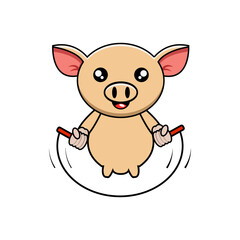 cute vector illustration of a pig exercising with a skipping rope