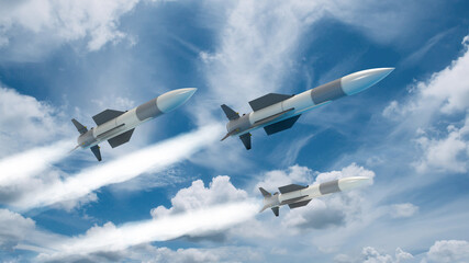 3d render 3 rockets fly in the sky war in Ukraine smoke behind the rockets