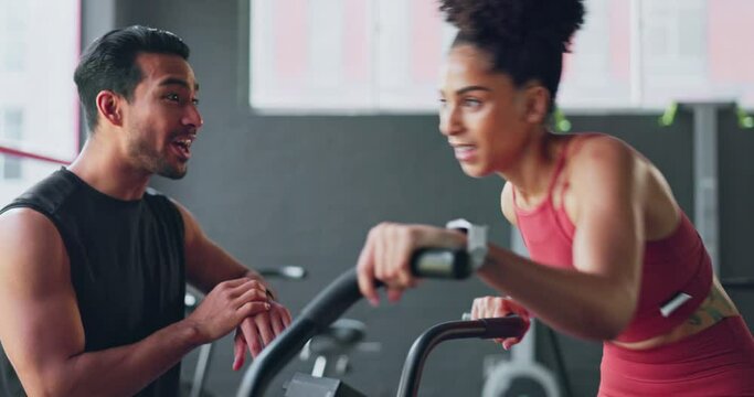 Fitness coach, gym athlete and training time of a woman workout and man with a sports watch. Exercise, motivation and health cardio together for wellness and healthy living in a coaching class