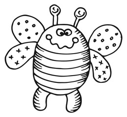 Crazy bee sketch. Funny bumblebee character smiling