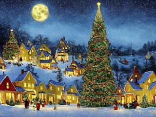 Cute cozy Village with Christmas tree 3d illustration, 3d render