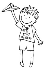 Smiling boy with paper airplane. Outdoor child playing