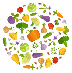 Vegetable seamless pattern in circle shape. Organic food background