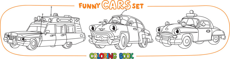 Funny small retro cars with eyes coloring book set - 541932764
