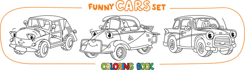 Funny small retro cars with eyes coloring book set