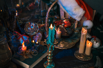 Concept of Christmas atmosphere, divination, fate predictions, magical ball and other magic. Illustration of magical aesthetic