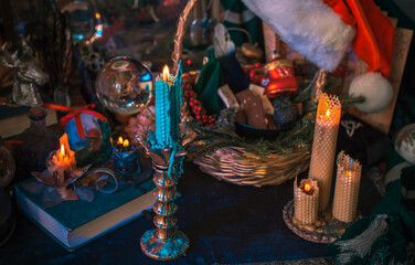 Concept of Christmas atmosphere, divination, fate predictions, magical ball and other magic. Illustration of magical aesthetic