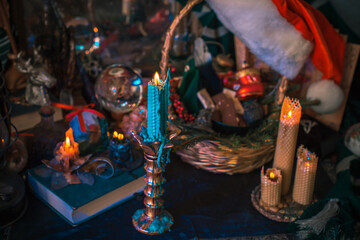 Concept of Christmas atmosphere, divination, fate predictions, magical ball and other magic. Illustration of magical aesthetic