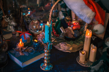 Concept of Christmas atmosphere, divination, fate predictions, magical ball and other magic. Illustration of magical aesthetic