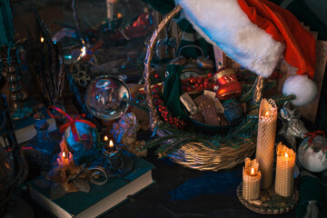 Concept of Christmas atmosphere, divination, fate predictions, magical ball and other magic. Illustration of magical aesthetic