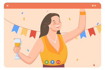 Video chat window with celebrating woman. Online party