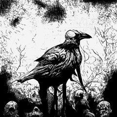 Fototapeta premium death metal horror art with crow and skull