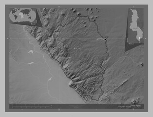Thyolo, Malawi. Grayscale. Labelled points of cities