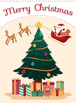 Merry Christmas vector background, Christmas tree, Santa Slade, present illustrator
