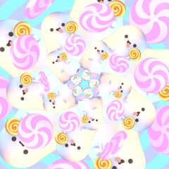 3d rendered cartoon cute ghost with lollipop pattern.