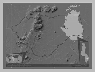 Zomba, Malawi. Grayscale. Labelled points of cities