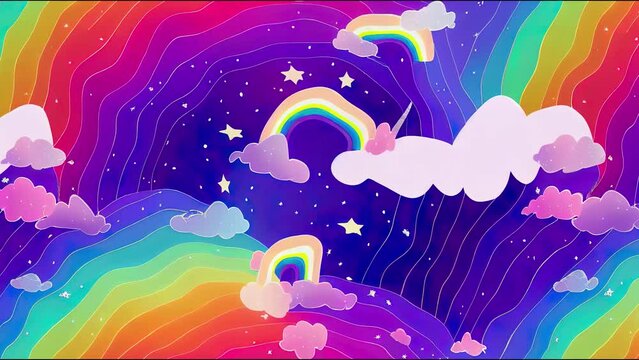 Seamless animation of cute little magical unicorn, rainbow, clouds and butterfly. Colorful illustration for children wallpaper textile and gift paper.