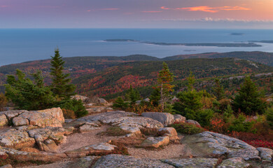Stunning fall color at sunrise overlooking ocean on Cadillac Mountain in Acadia National Park in Maine