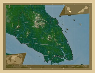 Johor, Malaysia. Physical. Labelled points of cities - obrazy, fototapety, plakaty