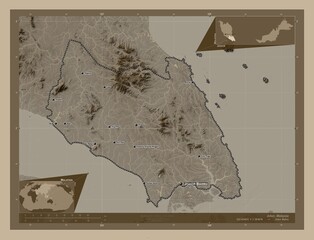 Johor, Malaysia. Sepia. Labelled points of cities