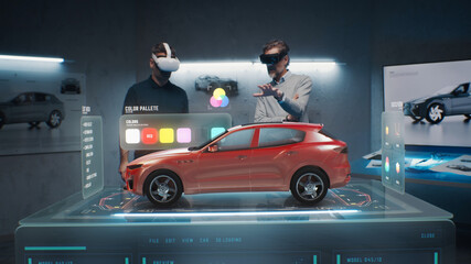 Two development engineers choose a color for a future eco-friendly sustainable electric car...