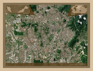 Kuala Lumpur, Malaysia. Low-res satellite. Labelled points of cities - obrazy, fototapety, plakaty