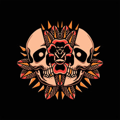 skull and flower tattoo vector design