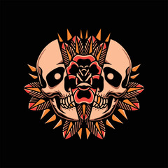 skull and flower tattoo vector design