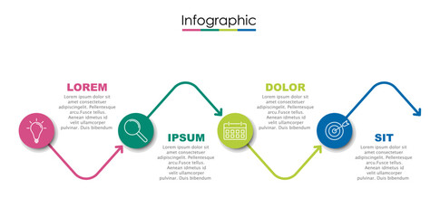 Vector infographic template with four steps or options. Illustration presentation with line elements icons.  Business concept design can be used for web, brochure, diagram, chart or banner layout.