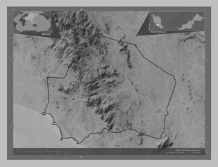 Negeri Sembilan, Malaysia. Grayscale. Labelled points of cities