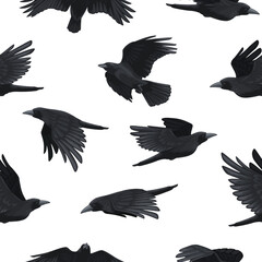 Crow pattern. Seamless print of black flying ravens, rook silhouette background for fabric wrapping paper textile design. Vector gothic texture