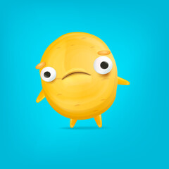 Vector cartoon funny yellow alien monster isolated on blue background. Sad silly yellow monster print sticker design template. Cute sad Ghost, troll, gremlin, goblin, devil and halloween monster