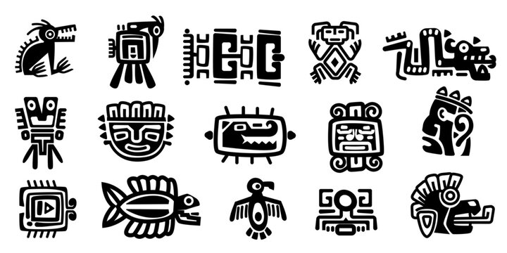 Mexican gods symbols. Abstract aztec animal bird totem idols, ancient inca maya civilization primitive traditional signs. Vector collection