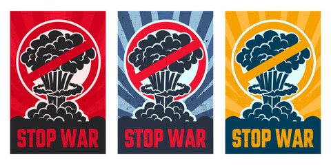 Stop the war poster design, peace to the world sign with bomb explosion effect vector