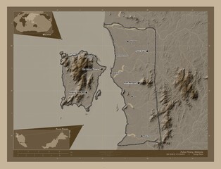 Pulau Pinang, Malaysia. Sepia. Labelled points of cities - obrazy, fototapety, plakaty
