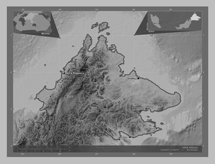 Sabah, Malaysia. Grayscale. Labelled points of cities