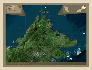 Sabah, Malaysia. High-res satellite. Major cities - obrazy, fototapety, plakaty