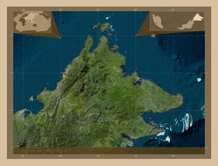 Sabah, Malaysia. Low-res satellite. Major cities - obrazy, fototapety, plakaty