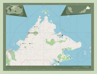 Sabah, Malaysia. OSM. Labelled points of cities - obrazy, fototapety, plakaty