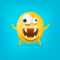 Vector cartoon funny yellow alien monster isolated on blue background. Smiling silly yellow monster print sticker design template. Cute Ghost, troll, gremlin, goblin, devil and halloween monster