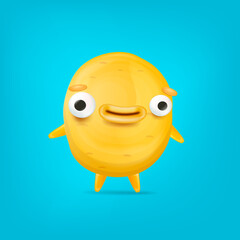 Vector cartoon funny yellow alien monster isolated on blue background. Smiling silly yellow monster print sticker design template. Cute Ghost, troll, gremlin, goblin, devil and halloween monster