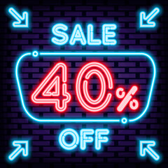 Sale 40% off Neon Sign Vector. Neon script. Night bright advertising. Isolated on black background. Vector Illustration