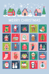 Christmas cute advent calendar. Childish print for greeting cards and stickers. Vector Illustration