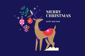 Christmas greeting card design with reindeer and decorations. Template background for social media, greeting card, party invitation or website marketing. Vector illustration © girafchik