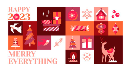 Christmas banner design with creative modern icons for decoration. Template background for social media, greeting card, party invitation or website marketing. Vector illustration